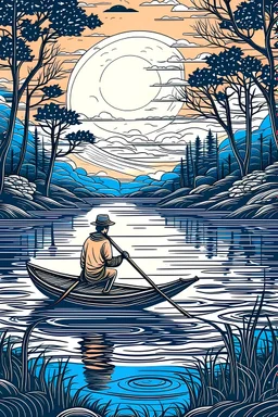 Crear un señor pescando en su canoa, bajo la luna reflejada en el río, al estilo vitreux con paleta de colores suaves