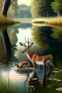 A deer next to its mother and next to them a very beautiful pond.