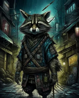 highly detailed concept illustration of an alternate reality ancient China samurai racoon wanderer in dark street, maximalist, highest resolution, in the styles of Alex Pardee, Denis Forkas, and Masahiro Ito, boldly inked, 8k, coarse, gritty textures