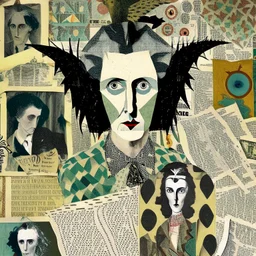 paper collage of a surreal portrait, newspaper pages and wallpaper, background patterned wallpaper, by artist "Leonora Carrington"