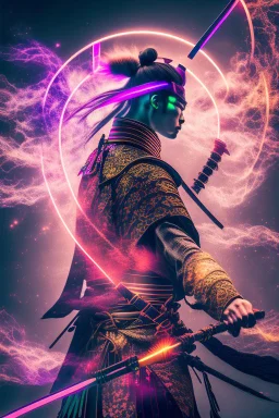 Mystical samurai emitting an aura with a long, neon sword emitting an aura