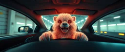 car driving happy 2d neon fluffy orc weasel with human hands in the style of Escher and Giger and Fallout 4, pinhole cam, airbrush 3d rendering, on tv screen:A five-second cinematic single take in a clean industrial presentation hall.