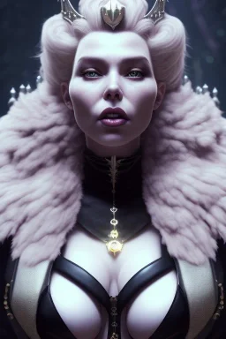 Hannah Waddingham as evil queen in black leather, busty, cleavage, dominatrix, curvy, angry, stern look. character design by cory loftis, fenghua zhong, ryohei hase, ismail inceoglu and ruan jia. unreal engine 5, artistic lighting, highly detailed, photorealistic, fantasy