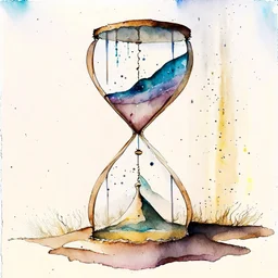 A watercolour painting, An oversized hourglass with sand flowing upwards instead of downwards, representing the distortion of time and the inability to grasp the passage of reality. The person could be caught within this hourglass, encapsulating their perpetual state of confusion between what is happening in the present and what exists only in their mind.