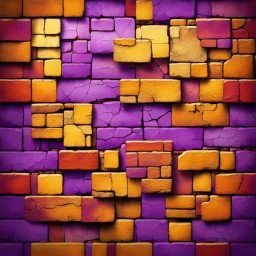 Hyper Realistic Yellow, Orange, Maroon & Purple Multicolored Grungy Retro Background with Golden-Glowing-Cracked-Bricks