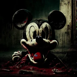 zombie mickey mouse, photorealism, movie screen capture, horror, evil, hungry, rotted