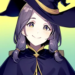 retro style, witch, witch hat, witch robe, expression smiling, portrait