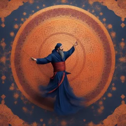 Hyper Realistic Sufi Whirling with golden & Maroon, Islamic Sufi Rustic Grungy orange Islamic pattern & navy-blue fog