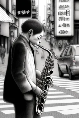 One single mature cat playing saxophone on the street, Osaka, thoughtful, mourning, model style, hyper realistic, extremely accurate, delicate, extremely detailed, Graphic novel style, wide-angle, open aperture, superfine pencil