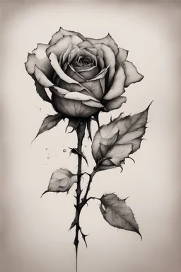 A drawing of a dry dead flower rose with a fallen petal in black ink fine art
