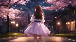 explosionmagic, excessive energy, smoke, glowing aura, 1girl, solo, cherry blossoms, long hair, lamppost, scenery, night, skirt, tree, standing, from behind, petals, outdoors, road, light, dark, school uniform, pantyhose, reflection, brown hair,