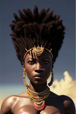 African female warrior, dreadlocks, colorful beads in hair, ominous, dnd character portrait, waist up portrait, intricate, oil on canvas, masterpiece, expert, insanely detailed, 4k resolution, retroanime style, cute big circular reflective eyes, cinematic smooth, intricate detail , soft smooth lighting, vibrant colors, hokusai style arm sleeve tatoo