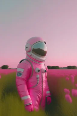 Космонавт идеи по полю с рожью, лица не видно, от скафандра отражается розовое небо, камера расположена не близко