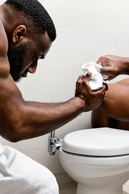 schwarzer mann wischt seine ritze am klo ab