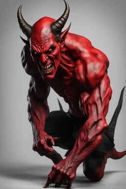 Realistic malevolent devil leaning forward at an angle facing left, posed as if over a person's shoulder, red skin, horror style, no other person.