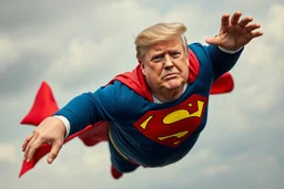 a thoroughly confused, frail, elderly and obese donald trump flying through the air dressed as superman