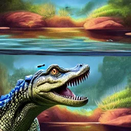 beautiful, stunning paleoart of alligator with fins and fishtail swimming underwater, coral reefs, plants, panoramic, in the style of eleanor kish, davide bonadonna, julius csotony, fabio pastor, Jurassic Park photorealistic, illustrative, digital art, 8k resolution, detailed matte, painting, artwork, deviantart