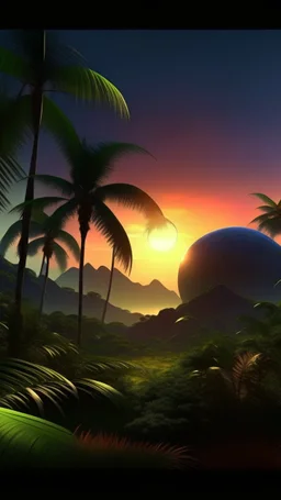 sci fi planet, sunset, jungle forest, giant palm trees