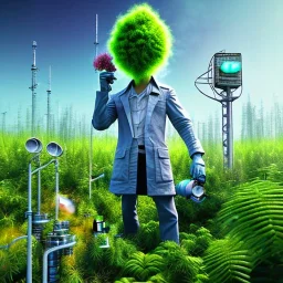 mad scientist with blue eyes standing by cell tower overgrown with plants, spray paint art, 3d,pixar