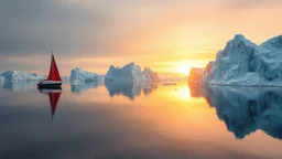 A serene, expansive, arctic seascape bathed in a muted, soft golden light of a gorgeous sunrise. A classic sailboat with a single red sail, crisp and boldly coloured, is off to the left half of the composition, floating on the glassy waters. Its reflection, including the distinct red sail, is mirrored perfectly beneath it in the calm sea. The boat is relatively small, emphasizing the grandeur of its surroundings. Towering icebergs, with intricate textures and nuanced shades of blue