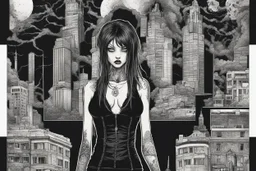 create a full body portrait horror illustration of a dark haired, savage, gothpunk vampire girl with highly detailed , sharply defined hair and facial features, in a chaotic, turbulent, otherworldly London in the manga style of Junji Ito, precisely drawn, inked, with dramatic edges,