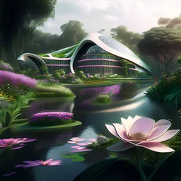 Zaha Hadid style country house hyperrealistic flower garden river climate tropical people 8k