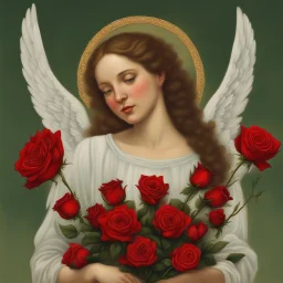 a woman in a greenfield carrying red roses with the angel behind