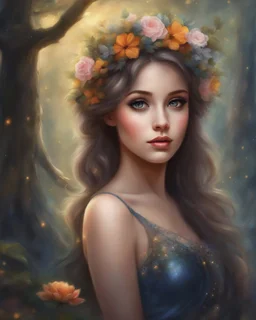 Painting of a beautiful girl, beautiful, haunted forest, flowers on her head, glitter dress, young girl, digital painting, fantasy art, pretty face, inspired by Thomas Kinkade, anime portrait, barbie face, big eyes, bright eyes, dream, trees, forest background, dark night, song, glitters background, fantasy, high quality, 8k