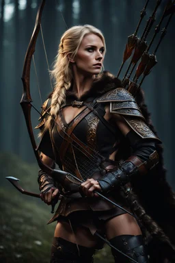 blonde female hunter with a bow and arrow wearing leather half armour dark fantasy Realistic 4k