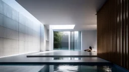 A serene oasis within, a tranquil indoor pool surrounded by sleek glass walls and gleaming marble floors, warm golden light spilling in through skylights above, the soft whoosh of water a soothing melody, a haven of relaxation and escape from the world outside, inviting you to dip your toes into its crystal clear waters.