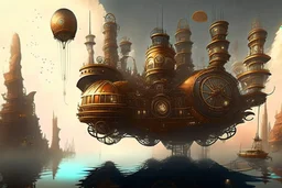 make a beatiful steampunk background of a floating city