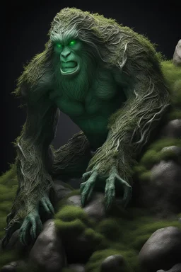 Shaped Green Mythical big foot Creature , Made With Bones Grass Branches Leaves Mud And Rock Surrounded By Mythical Summits At Night, Volumetric, Impressive, Unforgettable, Master Piece,, 3D Effect, Photorealism, Epic Art,,, Hyper Realistic , Miki Asai Macro Photography, Close-Up, Hyper Detailed, Trending On Artstation, Sharp Focus, Studio Photo, Intricate Details, Highly Detailed, By Greg Rutkowski