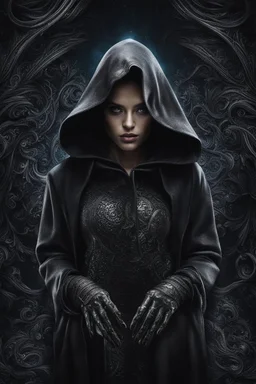 shiny cat eyes woman, wearing dark hoodie, very detailed, sharp focus, random background, dark fantasy, stunning