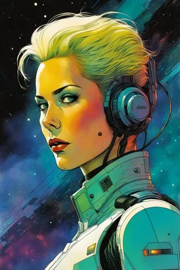 create an imaginative amorphous female extraterrestrial cybernetic mercenary with finely detailed facial features, military cut hair, at the helm of an interstellar jumpship , in the comic book art style of Bill Sienkiewicz, Mike Mignola, and Jean Giraud Moebius, finely textured, drawn, colored, and inked