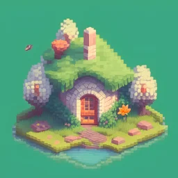 A spring house with garden, pixelart