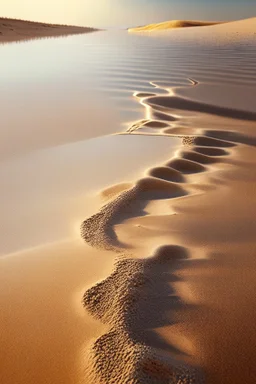 Sand Near THE WATER OF LAKE Gennisaretsky, bare footprints lead to the water. The image is in high quality in 8K.