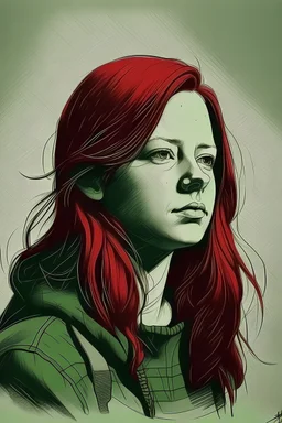 Draw a portrait of a beautiful German girl using dark red chalk on a harsh textures light green-gray paper, curved outlines, silhouettes lines extended as overhang lines style, silhouettes and creases and contour lines are drawn with dark red Conte, the final result is a fast sketch on a textured gray-green background,