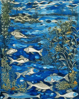 Blue wetlands with catfish designed in ancient Greek mosaics painted by Jackson Pollock
