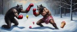 oil painting and spray painting of photo shoot of self aware werewolf boxing with shadow creature in ice cream and snow