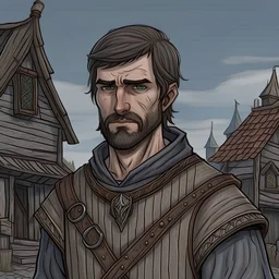 fantasy handdrawn detailed, male in mid thirties, townsguard, medieval, dark brown hair really short hair, 3 day beard, looks tired, wooden palisades in background