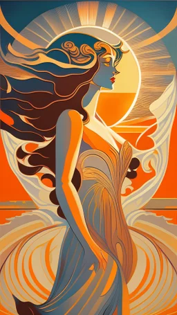 Painting style of erte pretty woman long hair dressed in sunrise art deco