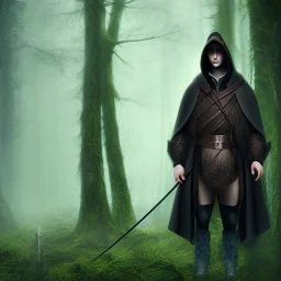 Male, Dark hair, Digital Art, Bow in hand, Hooded Cloak, Dark Forrest background, hunting