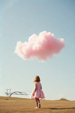A pink plastic cloud floating near a little girl, autochrome