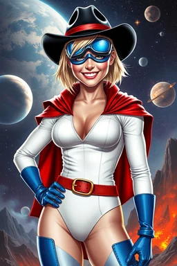 Karen Starr, full body, young athletic white female, crew cut bleach-blonde hair, thin, wearing 1 pair of blue goggles over her eyes, black cowboy hat, semi-pointed chin, muscular build, Wearing white long-sleeved bodysuit with high collar with plunging neckline, blue elbow gloves, red belt with gold buckle, red cape, blue knee boots. Big smile. Background: outer space, planets, stars, galaxies, fire, explosions, volcanic lava, craggy peaks. Photorealistic