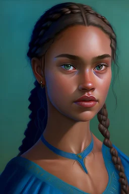 A 20-year-old girl, her skin color is brown, her hair is green and crimson, braided, and she has a very beautiful appearance. She wears a bright blue dress. She has a pointed nose, blue eyes, and a large, toned chest. Her hands are large and she is tall.