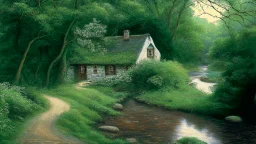 cottage in a woodland with pathway and river