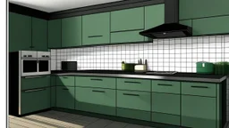 kitchen with celadon and dark green furniture, on the left side by the window from the bottom up, a microwave and an oven installed in the furniture, and on the right side and next to it an induction hob and a cooker hood above it, on the right side there is a sink and a dishwasher underneath it