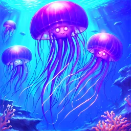 90's TCG fantasy artwork art of robot jellyfish underwater