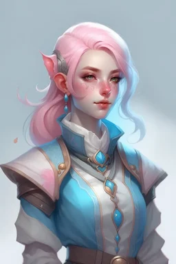 young female dnd air genasi cleric with pale blue skin and soft pink ombre hair