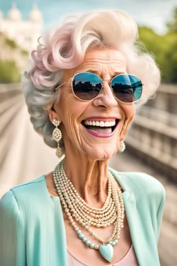 an happy older woman wearing sunglasses, vintage pastel outfit, and a necklace. She has a wide smile on her face and is laughing, in background blur bridge, natural light , high detailed, sharp focus, photorealistic, happy mood